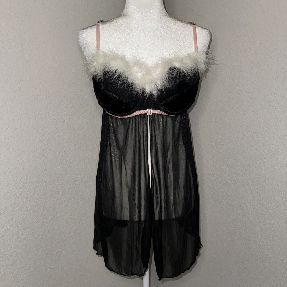 Inner Secrets Babydoll Nightgown Women's XL Black‎ Feather Trim Sheer Lingerie